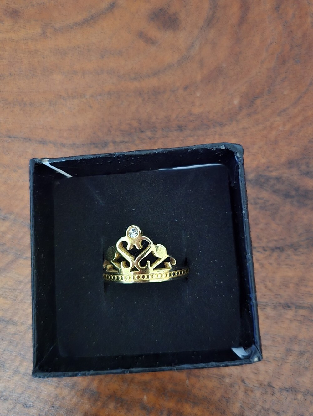 Stainless Steel Gold Crown Ring with Single Clear Gem Size7.5